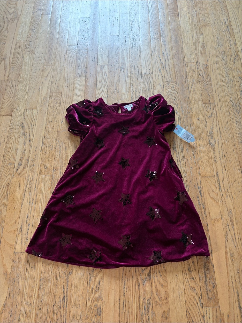 Cat & Jack Burgundy Velvet Star Sequin Puff-Sleeve Dress